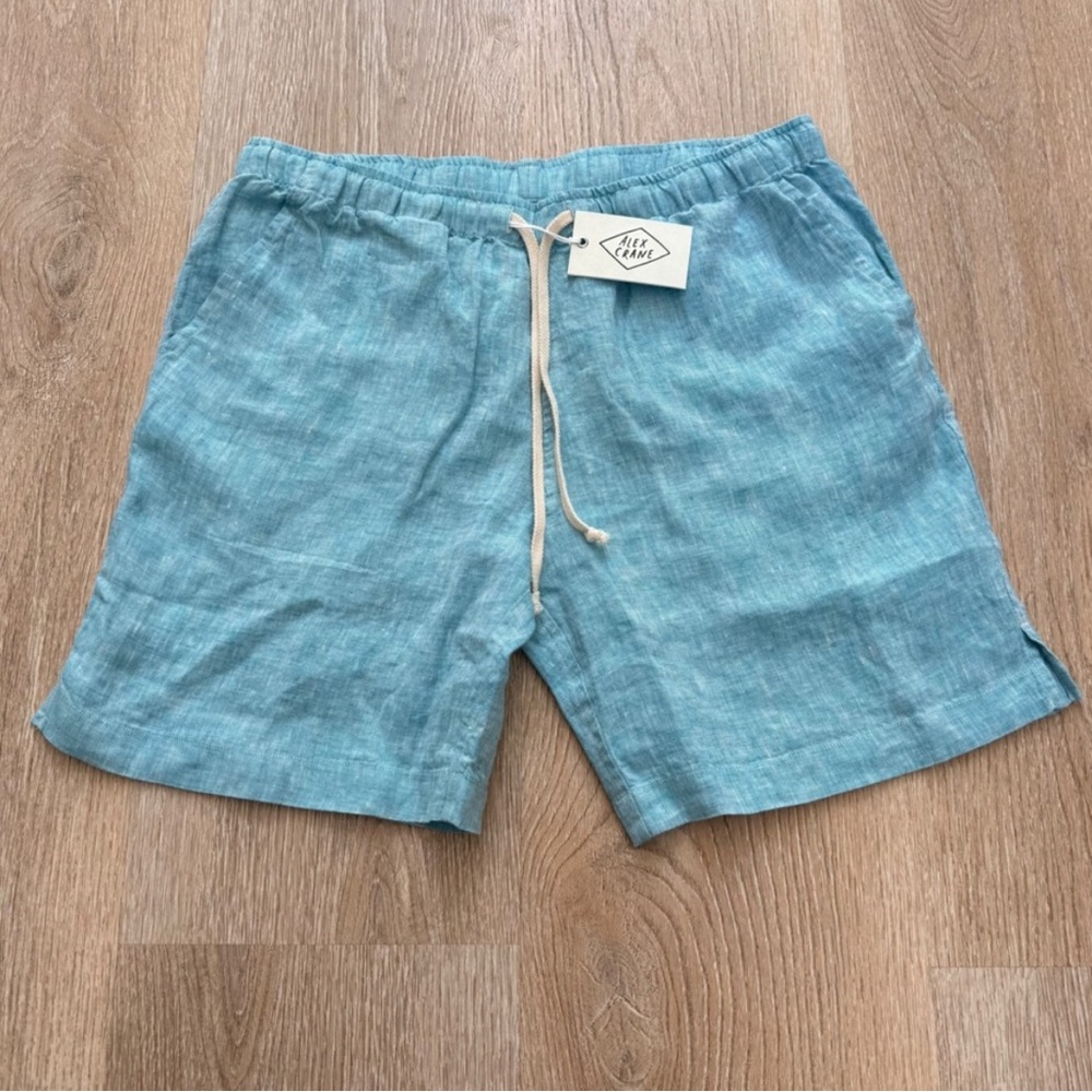 Alex Crane Bo Shorts Men Large Blue 100% Linen Drawstring Elastic Waist NWT L